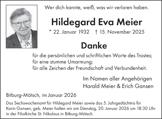 Traueranzeige von Hildegard Eva Meier von WochenSpiegel