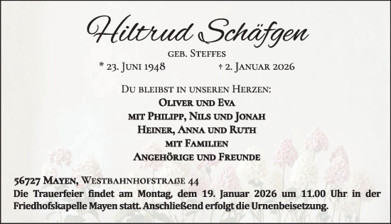 Traueranzeige von Hiltrud Schäfgen von WochenSpiegel