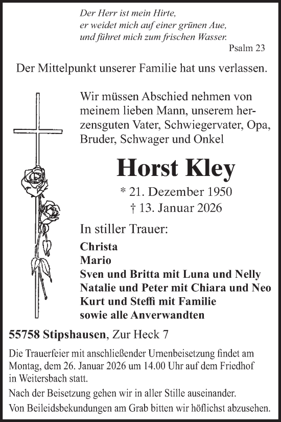 Traueranzeige von Horst Kley von WochenSpiegel