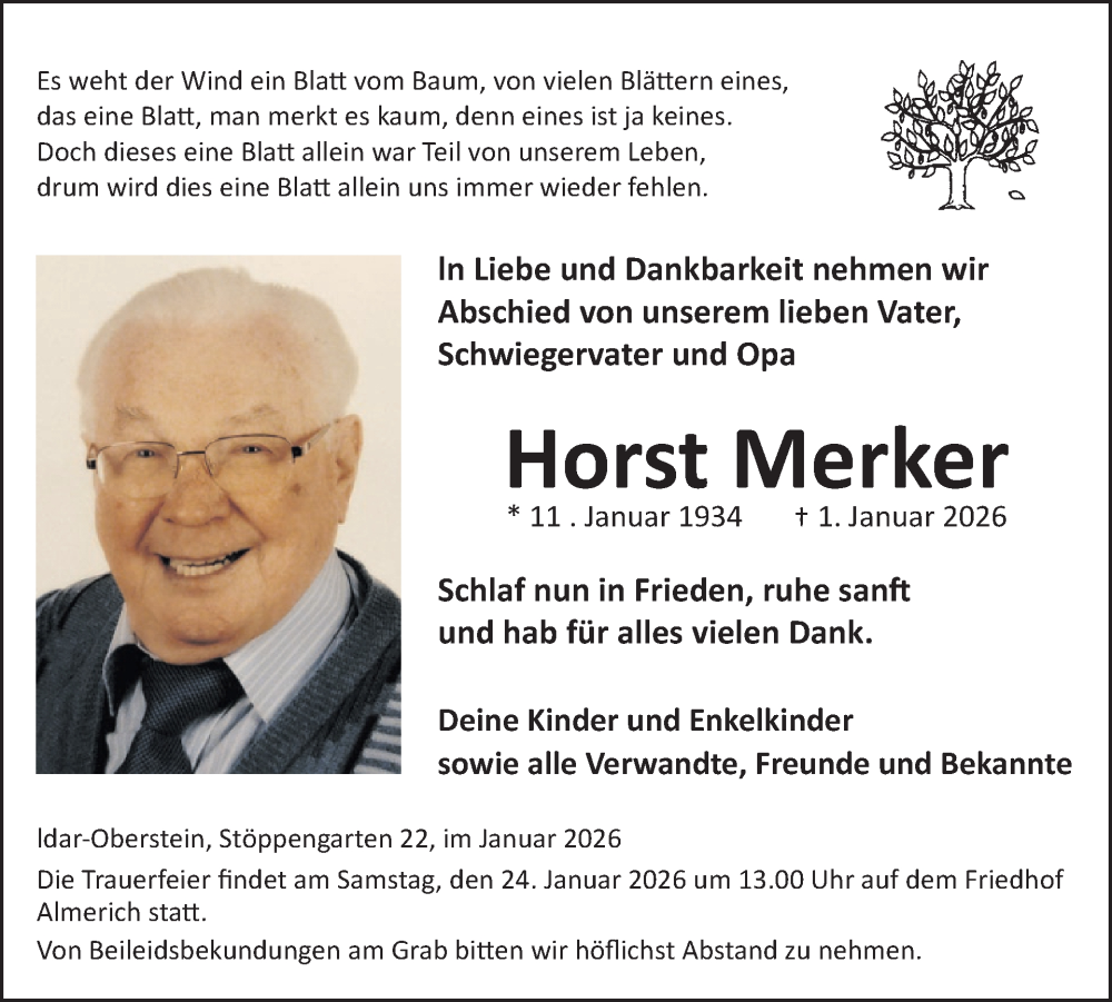  Traueranzeige für Horst Merker vom 17.01.2026 aus WochenSpiegel