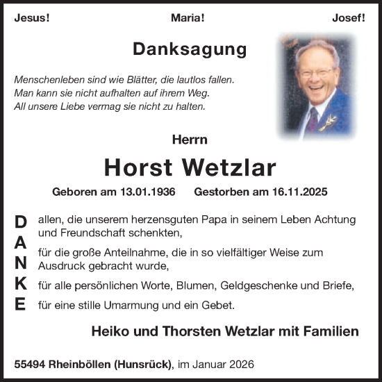 Traueranzeige von Horst Wetzlar von WochenSpiegel