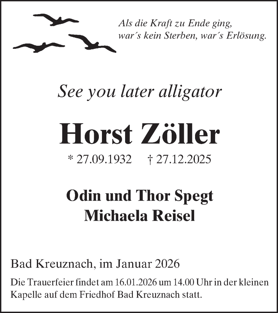  Traueranzeige für Horst Zöller vom 17.01.2026 aus WochenSpiegel