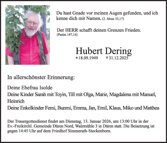 Traueranzeige von Hubert Dering von WochenSpiegel