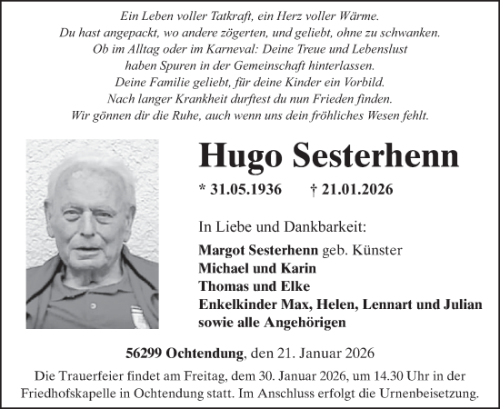 Traueranzeige von Hugo Sesterhenn von WochenSpiegel