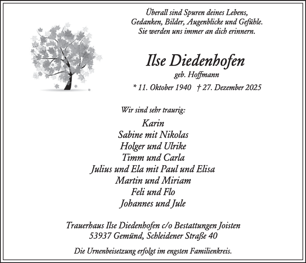  Traueranzeige für Ilse Diedenhofen vom 07.01.2026 aus WochenSpiegel