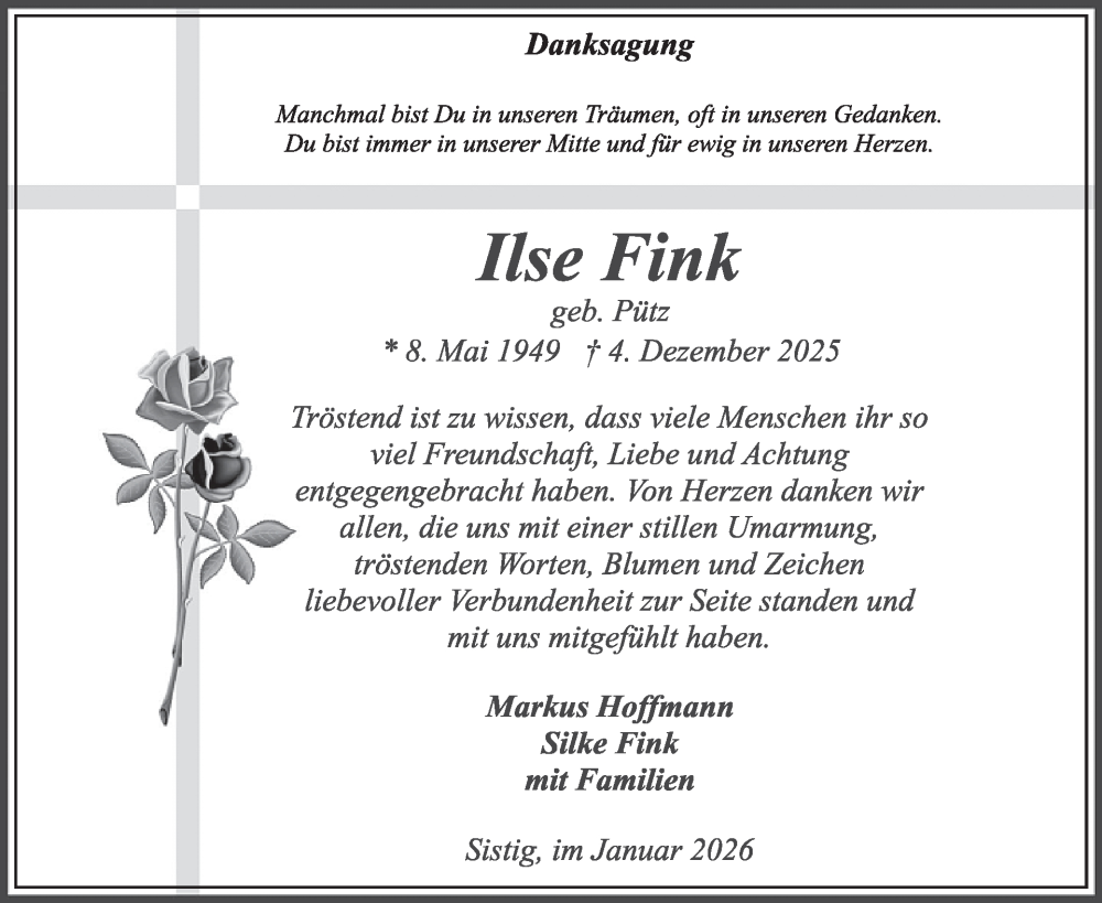  Traueranzeige für Ilse Fink vom 28.01.2026 aus WochenSpiegel
