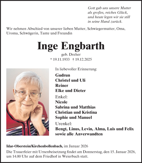 Traueranzeige von Inge Engbarth von WochenSpiegel