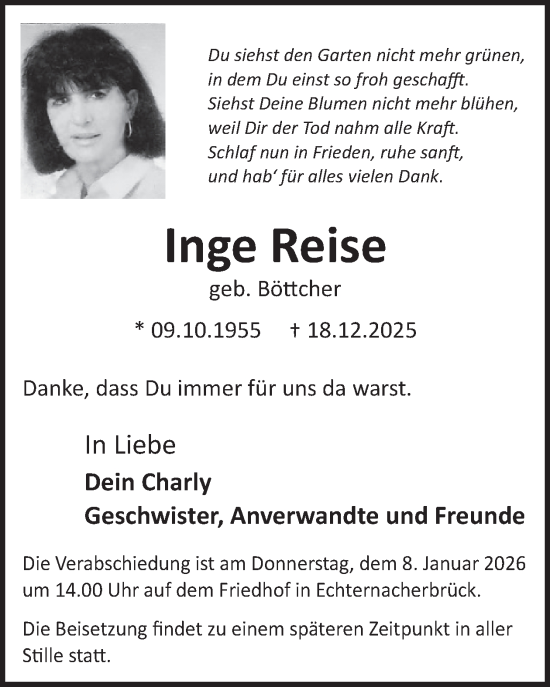 Traueranzeige von Inge Reise von WochenSpiegel