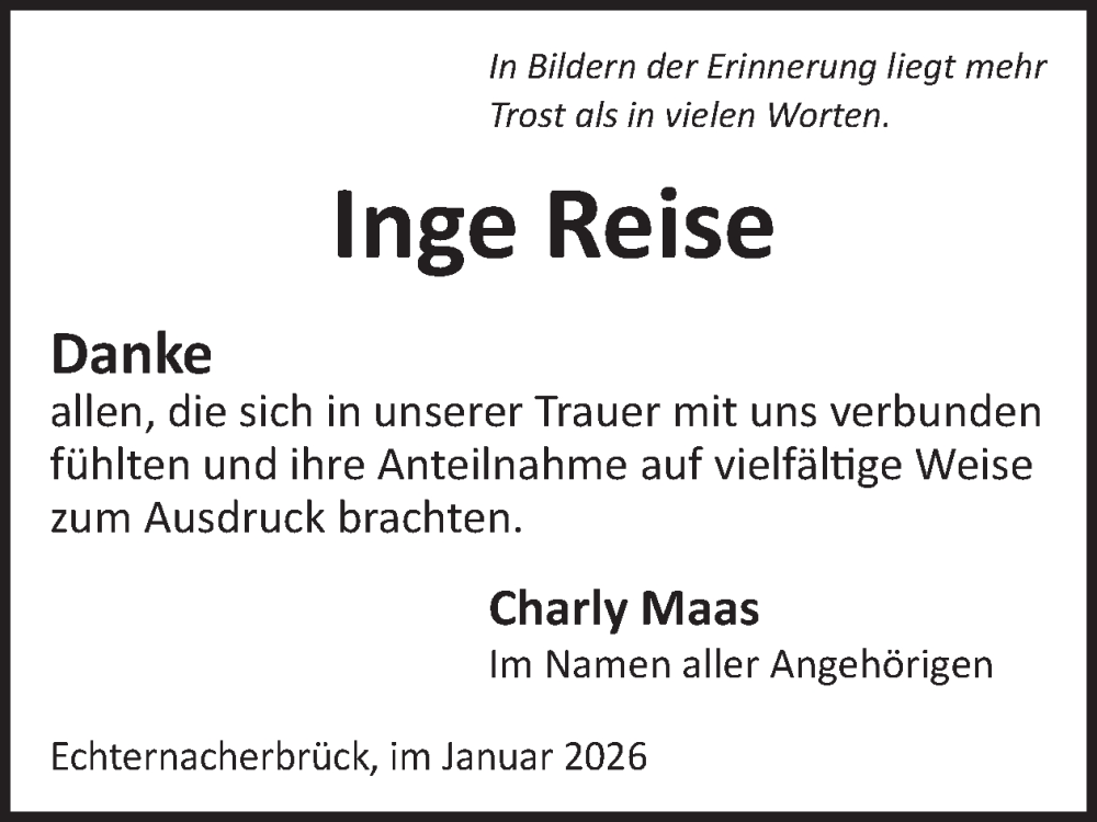  Traueranzeige für Inge Reise vom 30.01.2026 aus WochenSpiegel