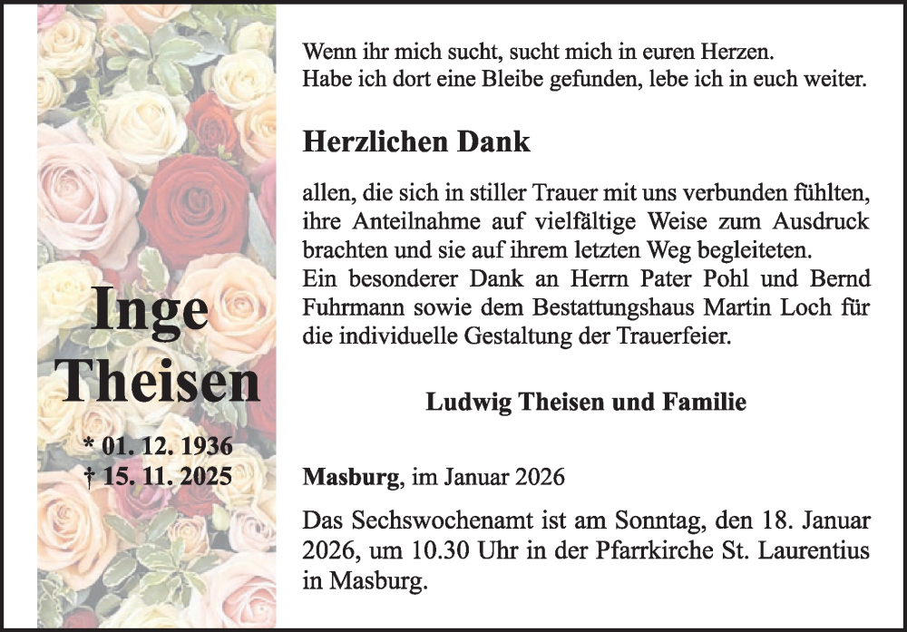  Traueranzeige für Inge Theisen vom 14.01.2026 aus WochenSpiegel
