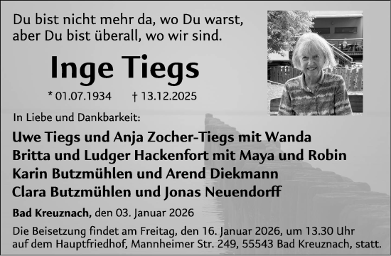 Traueranzeige von Inge Tiegs von WochenSpiegel