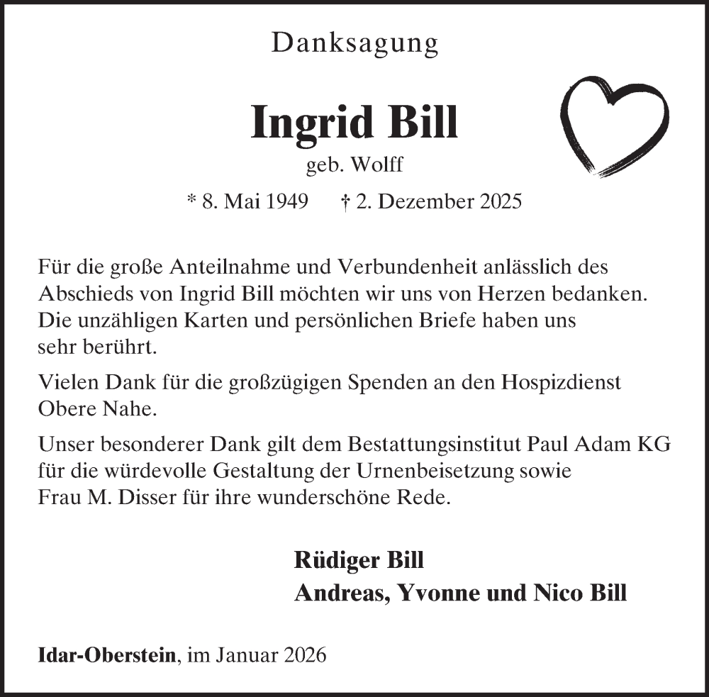  Traueranzeige für Ingrid Bill vom 31.01.2026 aus WochenSpiegel