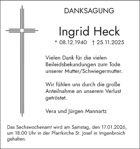 Traueranzeige von Ingrid Heck von WochenSpiegel