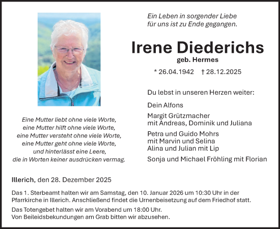 Traueranzeige von Irene Diederichs von WochenSpiegel