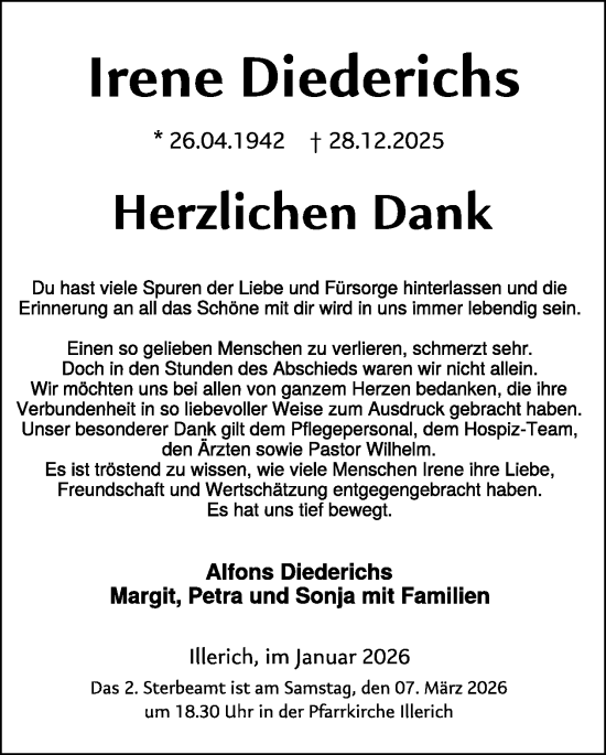 Traueranzeige von Irene Diederichs von WochenSpiegel