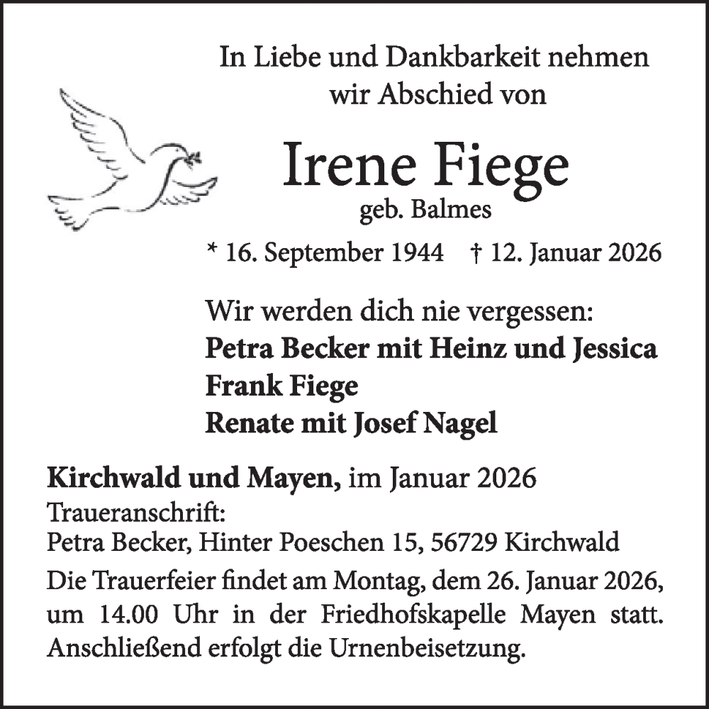  Traueranzeige für Irene Fiege vom 21.01.2026 aus WochenSpiegel