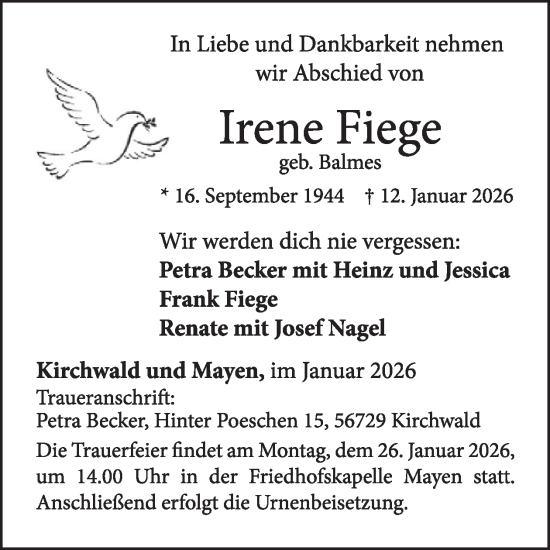 Traueranzeige von Irene Fiege von WochenSpiegel