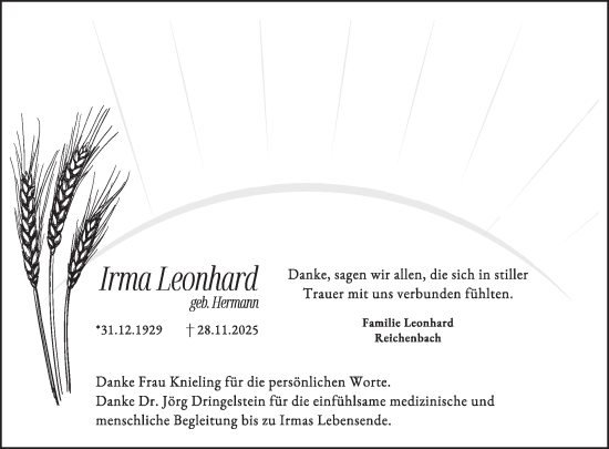 Traueranzeige von Irma Leonhard von WochenSpiegel