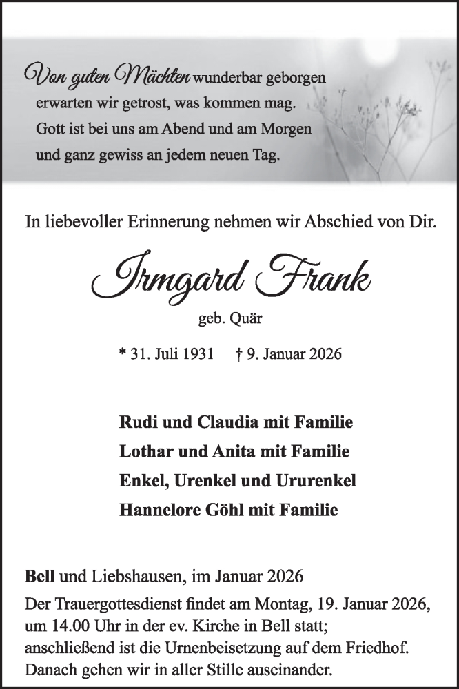  Traueranzeige für Irmgard Frank vom 17.01.2026 aus WochenSpiegel