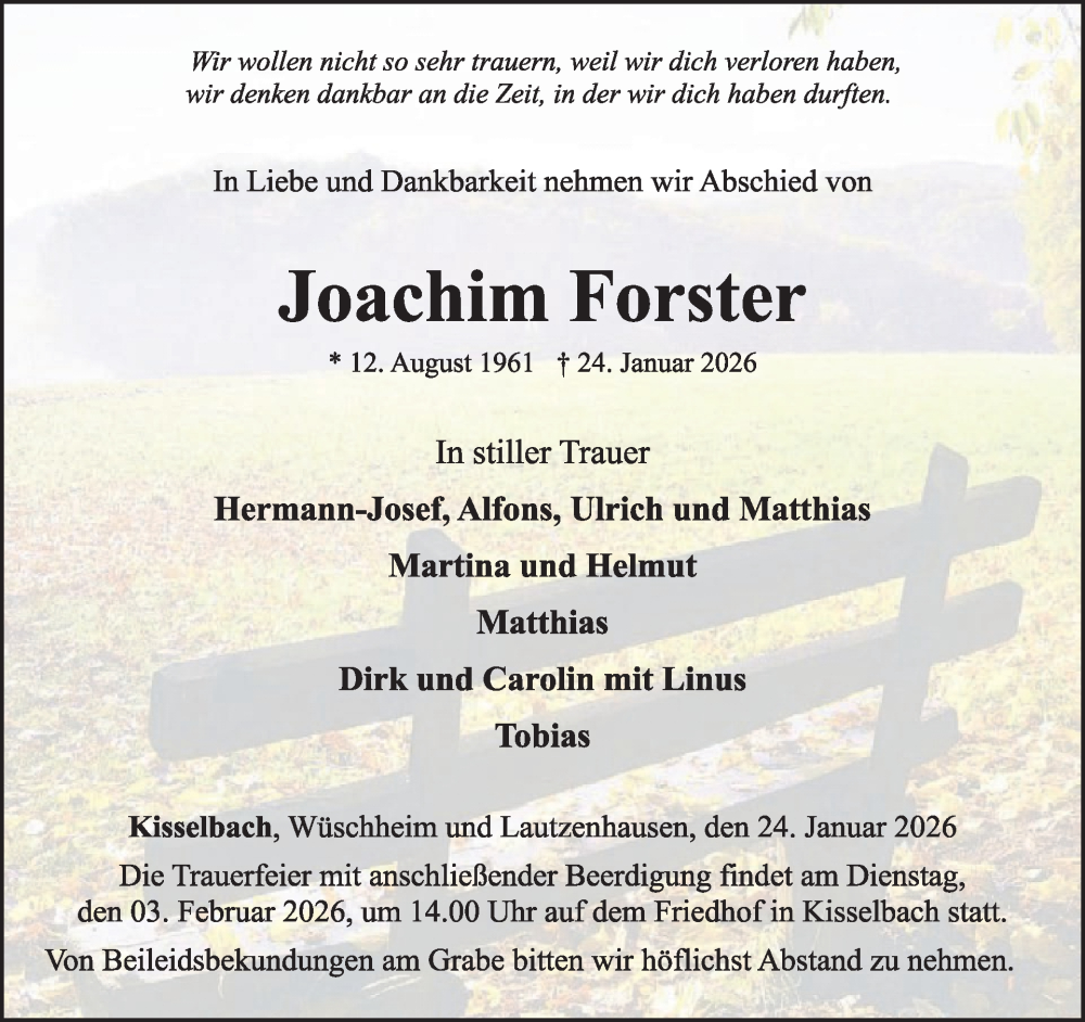  Traueranzeige für Joachim Forster vom 31.01.2026 aus WochenSpiegel