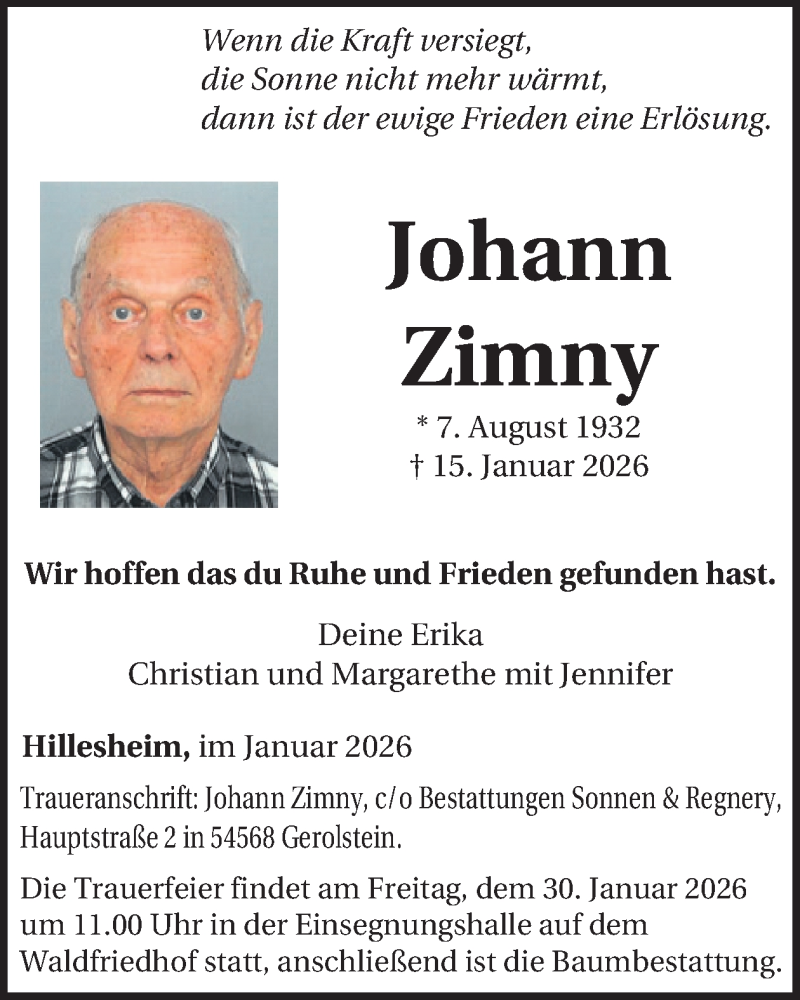  Traueranzeige für Johann Zimny vom 24.01.2026 aus WochenSpiegel