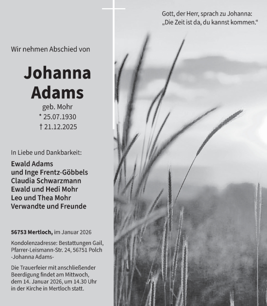 Traueranzeige von Johanna Adams von WochenSpiegel