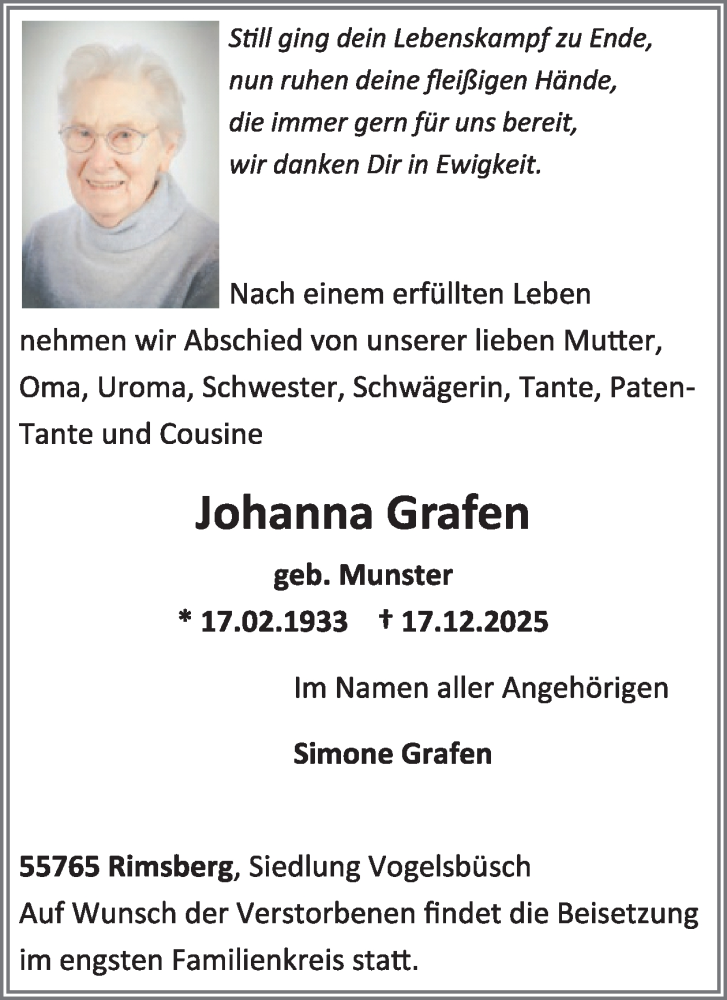  Traueranzeige für Johanna Grafen vom 03.01.2026 aus WochenSpiegel