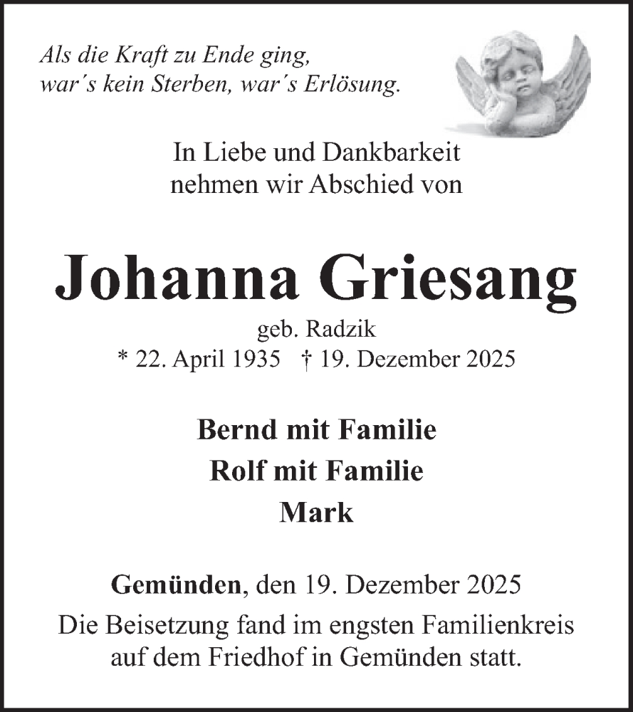  Traueranzeige für Johanna Griesang vom 17.01.2026 aus WochenSpiegel