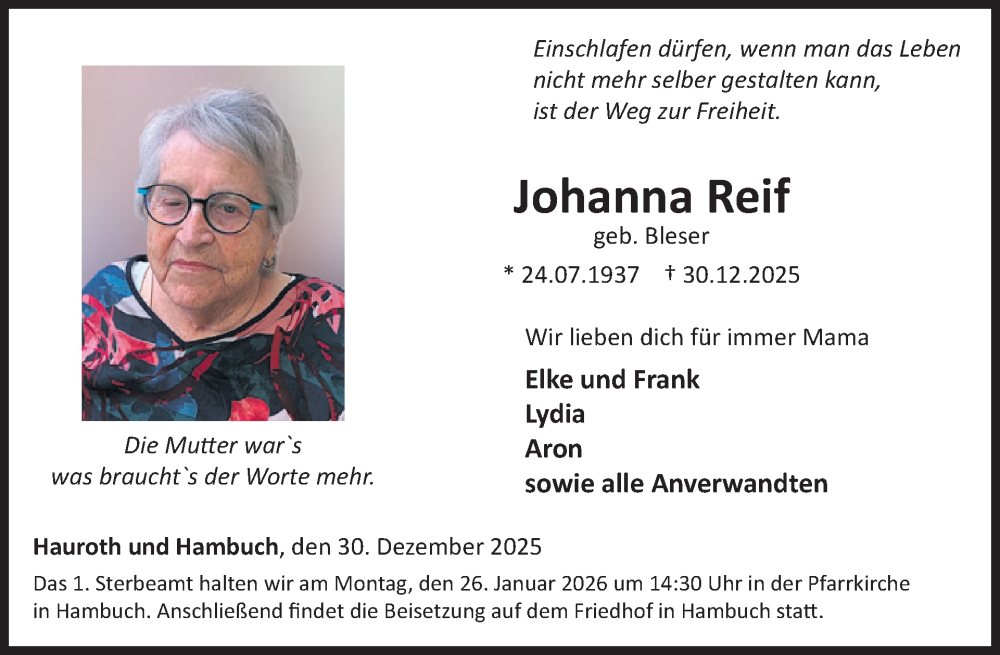 Traueranzeige für Johanna Reif vom 07.01.2026 aus WochenSpiegel