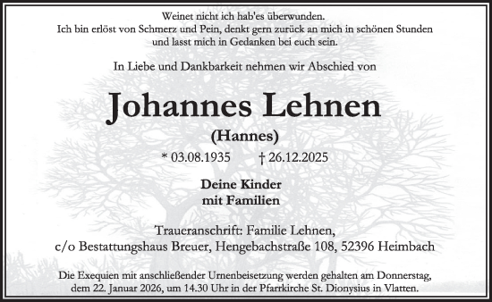 Traueranzeige von Johannes Lehnen von WochenSpiegel