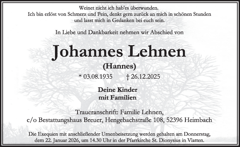  Traueranzeige für Johannes Lehnen vom 07.01.2026 aus WochenSpiegel