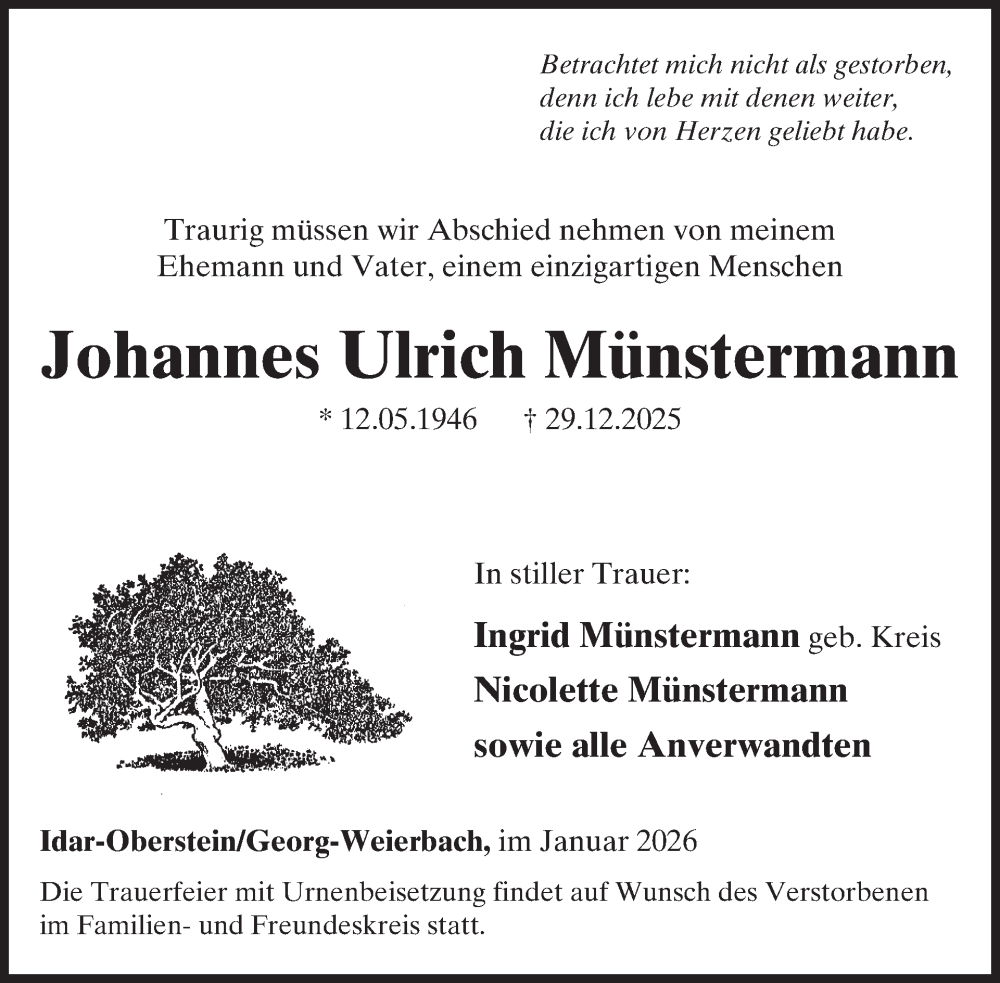  Traueranzeige für Johannes Ulrich Münstermann vom 10.01.2026 aus WochenSpiegel