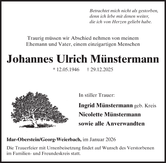 Traueranzeige von Johannes Ulrich Münstermann von WochenSpiegel