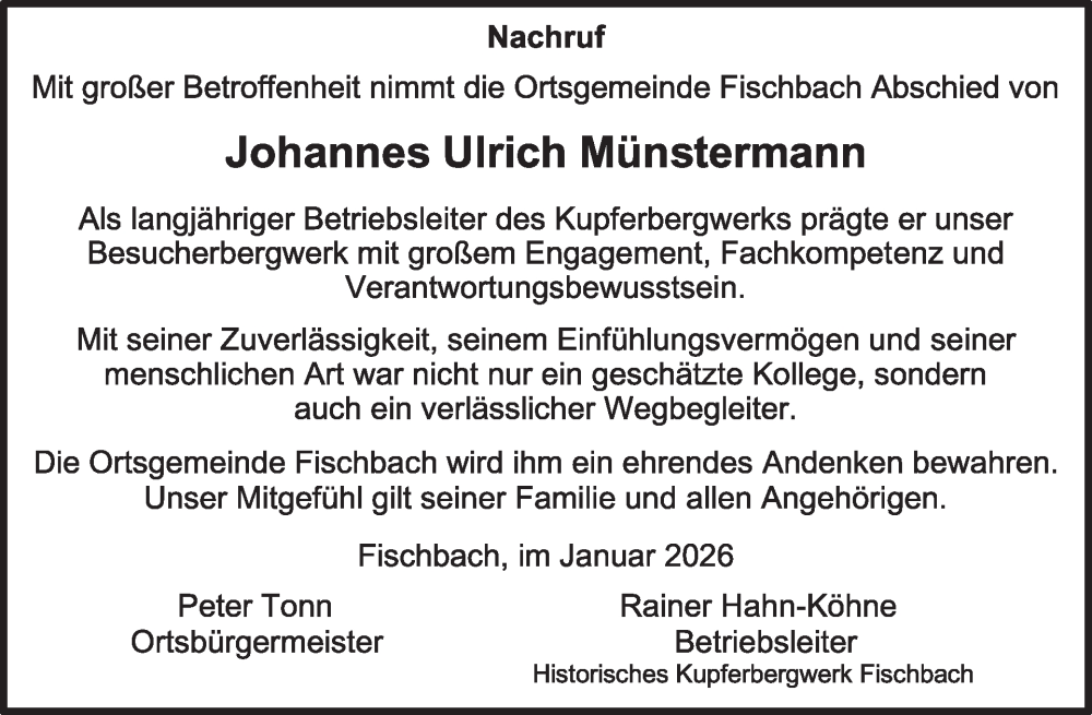  Traueranzeige für Johannes Ulrich Münstermann vom 24.01.2026 aus WochenSpiegel