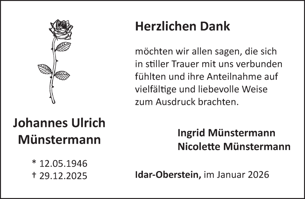  Traueranzeige für Johannes Ulrich Münstermann vom 31.01.2026 aus WochenSpiegel