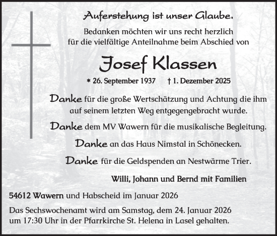 Traueranzeige von Josef Klassen von WochenSpiegel