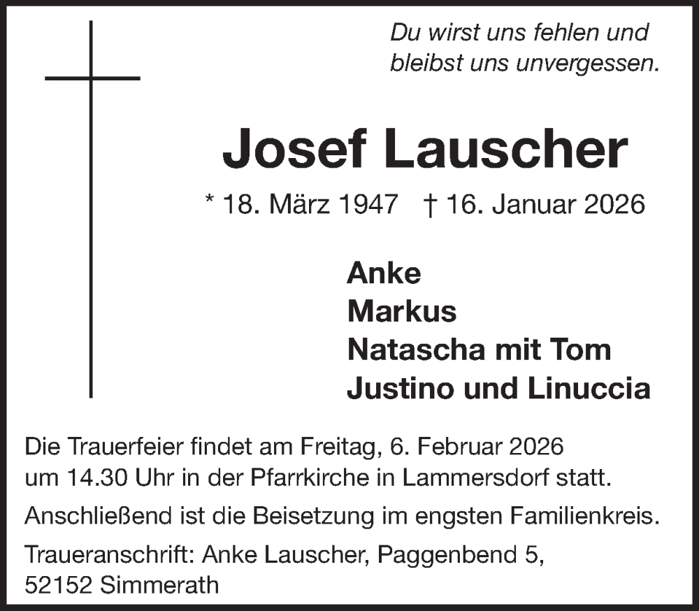  Traueranzeige für Josef Lauscher vom 21.01.2026 aus WochenSpiegel