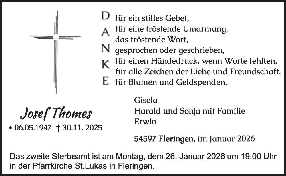  Traueranzeige für Josef Thomes vom 16.01.2026 aus WochenSpiegel
