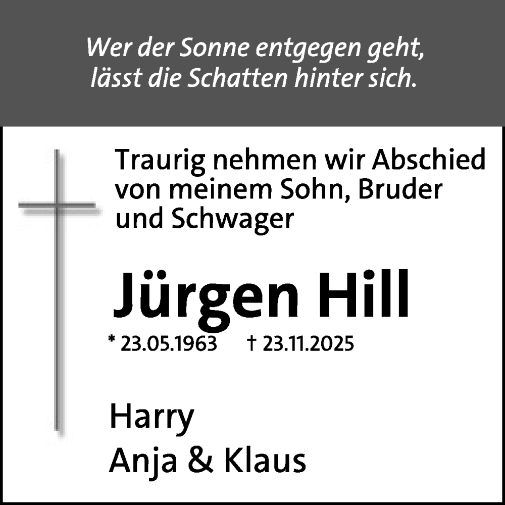  Traueranzeige für Jürgen Hill vom 03.01.2026 aus WochenSpiegel