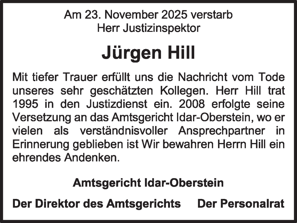 Traueranzeige für Jürgen Hill vom 24.01.2026 aus WochenSpiegel
