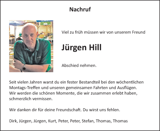 Traueranzeige von Jürgen Hill von WochenSpiegel