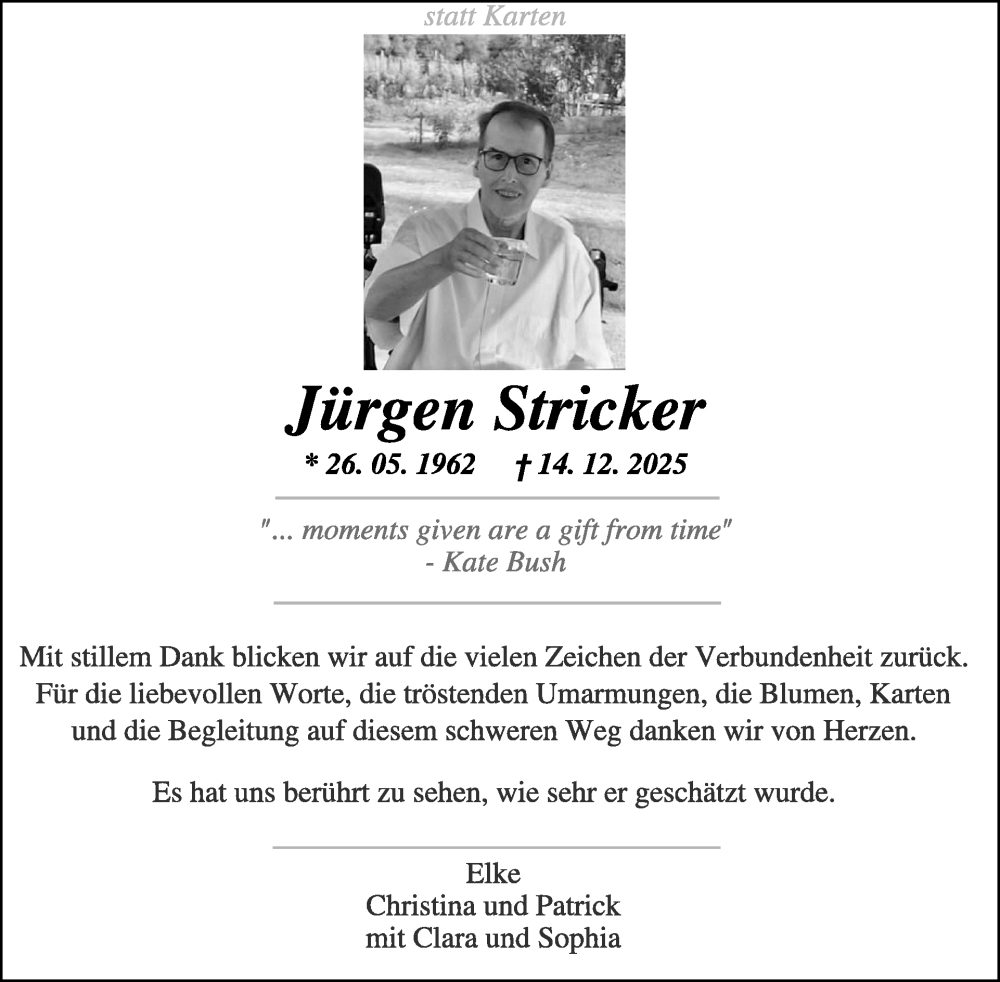  Traueranzeige für Jürgen Stricker vom 07.01.2026 aus WochenSpiegel