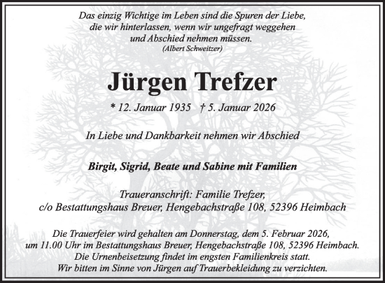 Traueranzeige von Jürgen Trefzer von WochenSpiegel