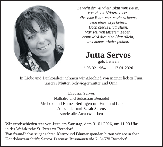 Traueranzeige von Jutta Servos von WochenSpiegel