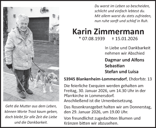 Traueranzeige von Karin Zimmermann von WochenSpiegel