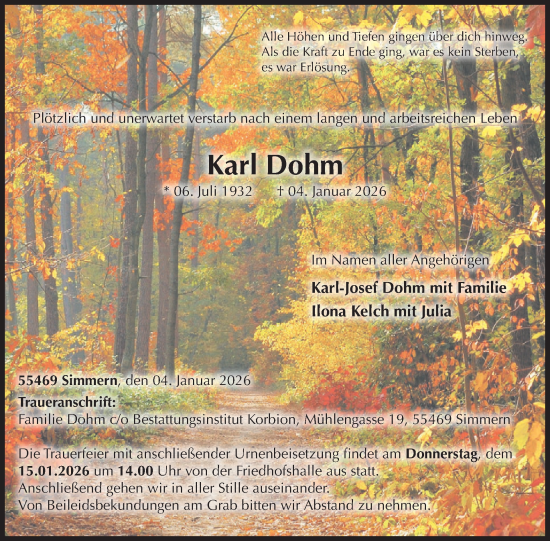 Traueranzeige von Karl Dohm von WochenSpiegel