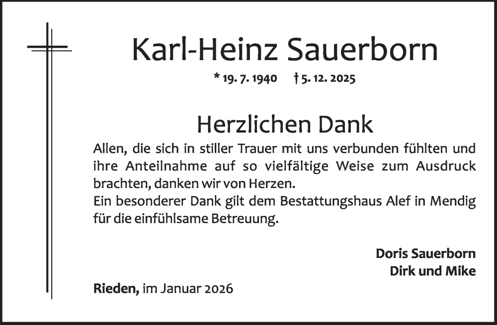  Traueranzeige für Karl-Heinz Sauerborn vom 21.01.2026 aus WochenSpiegel