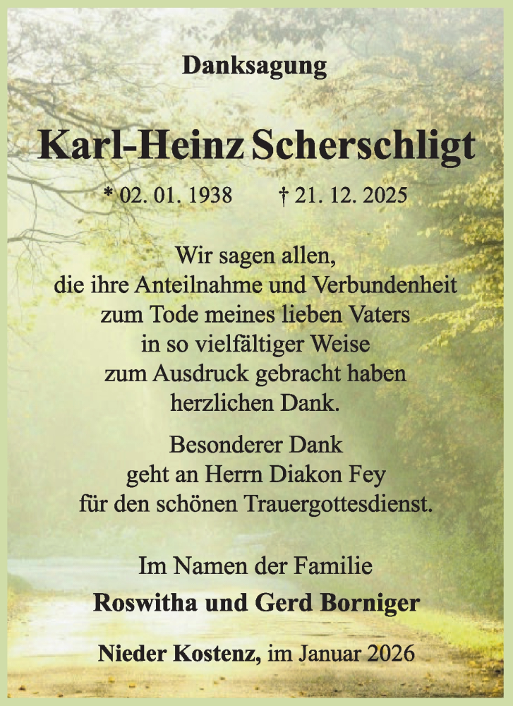  Traueranzeige für Karl-Heinz Scherschligt vom 24.01.2026 aus WochenSpiegel