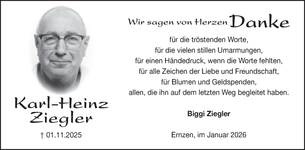  Traueranzeige für Karl-Heinz Ziegler vom 30.01.2026 aus WochenSpiegel