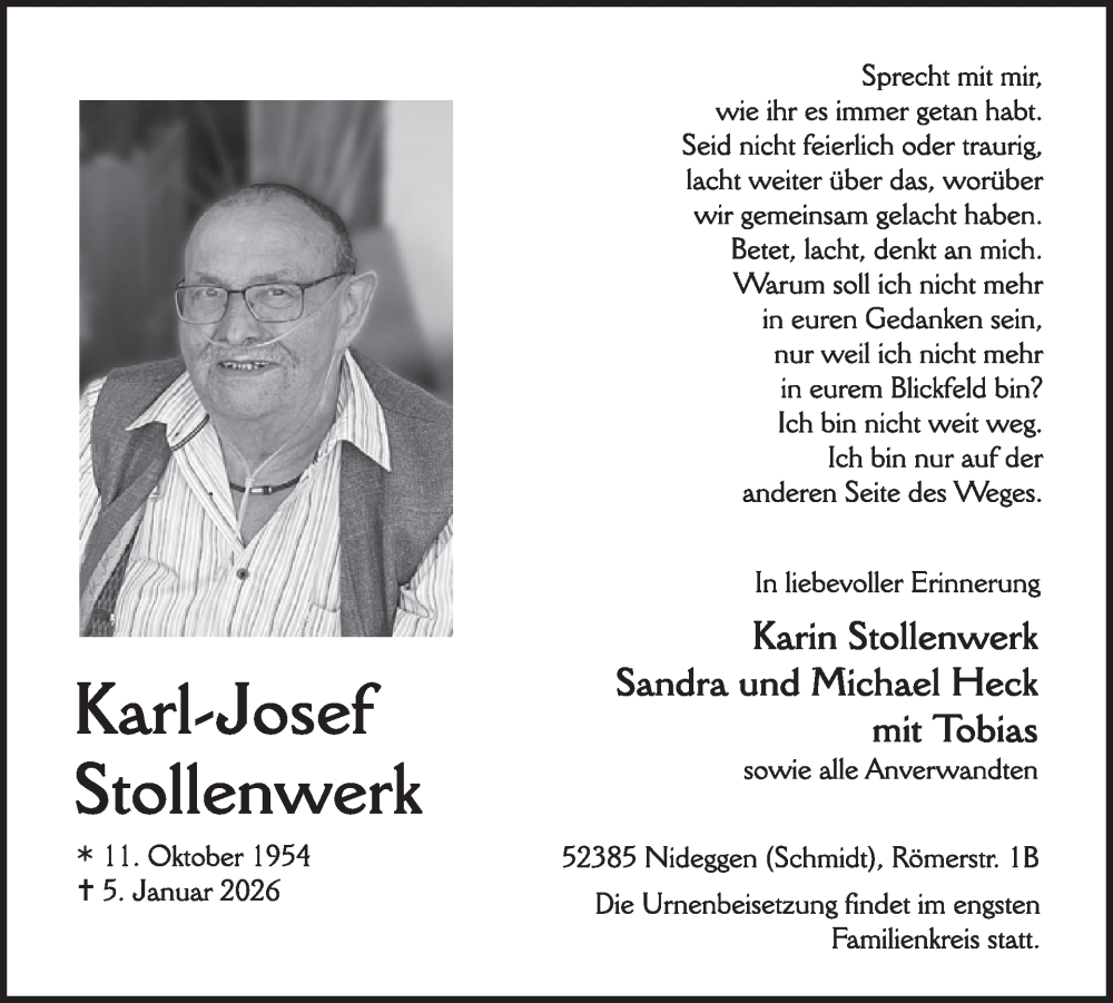  Traueranzeige für Karl-Josef Stollenwerk vom 14.01.2026 aus WochenSpiegel